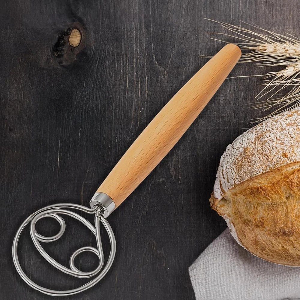Fouet à pâte en acier inoxydable 304 avec manche en bois lisse