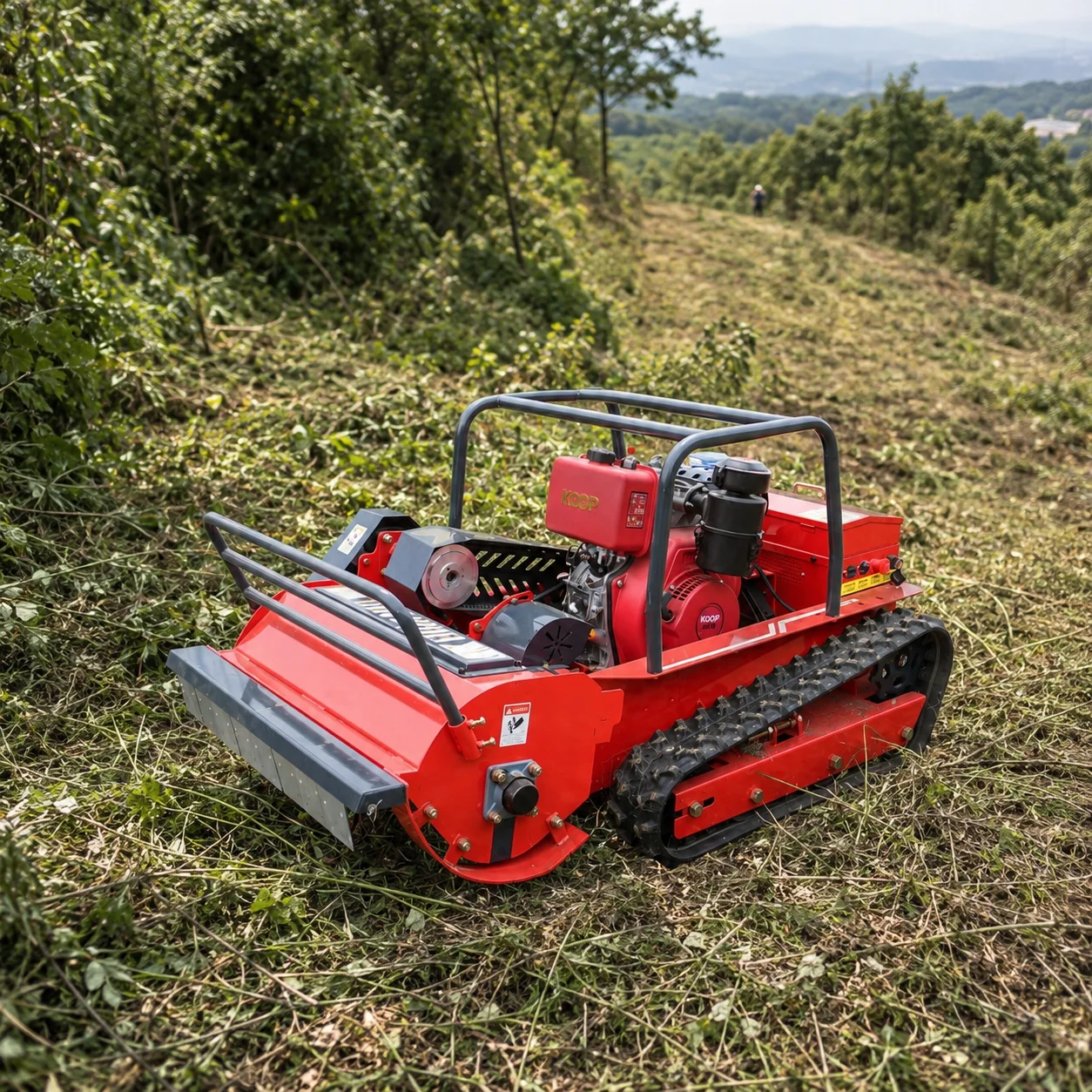 Tondeuse à gazon télécommandée tout-terrain robuste à chenilles pour la tonte des pentes raides, de l'herbe haute et des mauvaises herbes dans les fermes et vergers