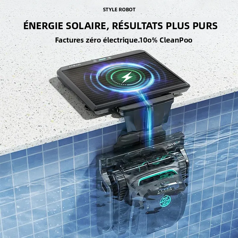 Robot nettoyeur de piscine solaire de grande taille S2 Solar Vision WYBOT avec vision IA, charge sans fil, système à double filtre, autonomie de 2,5 h