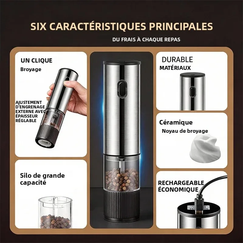 Moulin à sel et à poivre électrique automatique rechargeable