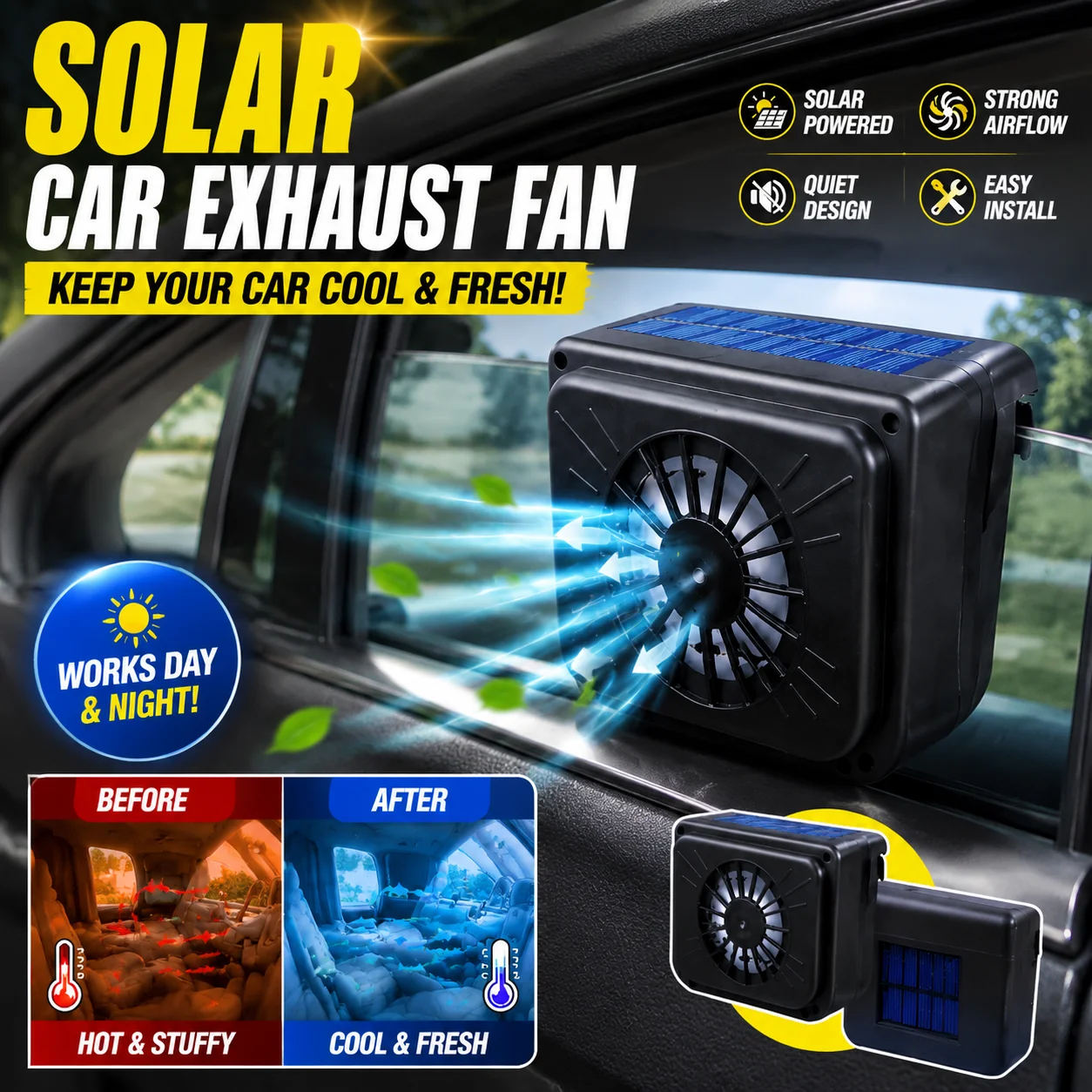 Ventilateur de ventilation pour voiture à énergie solaire, puissant, pour la circulation de l'air et l'extraction de la chaleur, pour éviter la surchauffe de l'intérieur de la voiture
